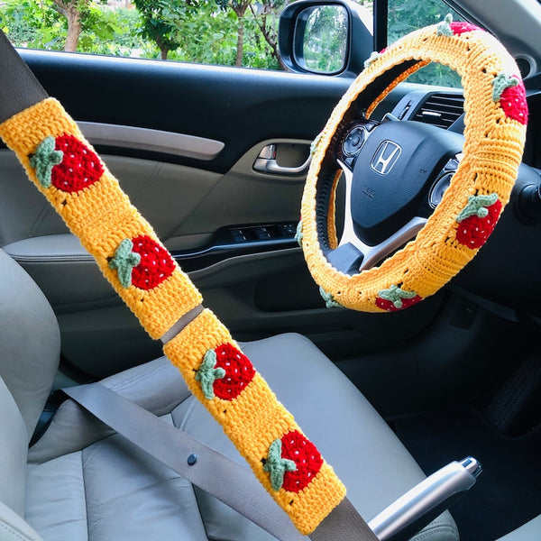 Steering Wheel Cover for women, Crochet cute Yellow Strawberry flower seat belt Cover, Car Accessories decorations