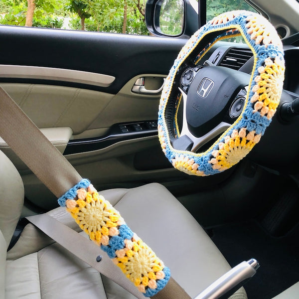 Steering Wheel Cover for women, Crochet cute Yellow Blue flower seat belt Cover, Car Accessories decorations