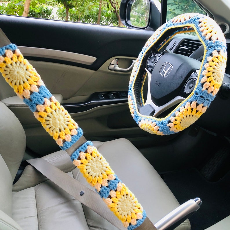 Steering Wheel Cover for women, Crochet cute Yellow Blue flower seat belt Cover, Car Accessories decorations