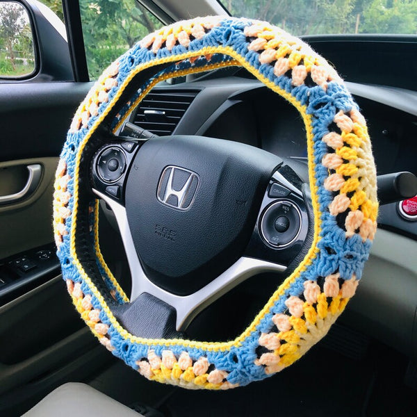 Steering Wheel Cover for women, Crochet cute Yellow Blue flower seat belt Cover, Car Accessories decorations