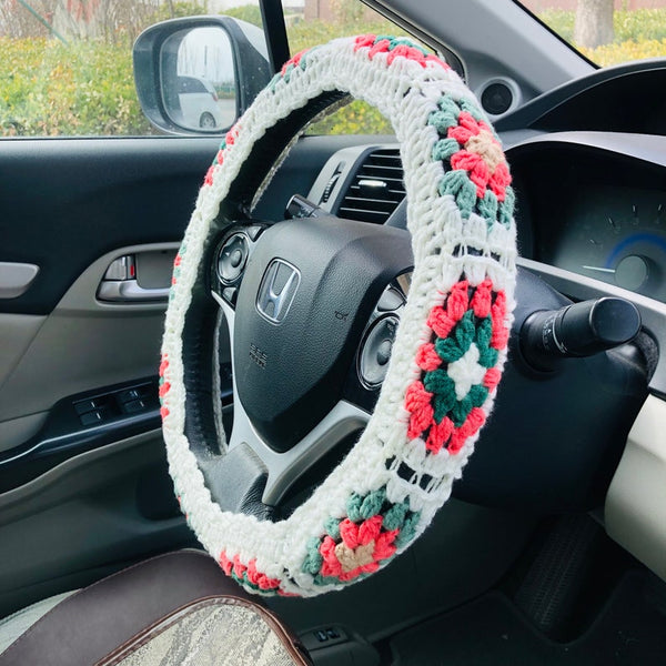 Steering Wheel Cover for women, Crochet cute flower seat belt Cover, Car Accessories decorations