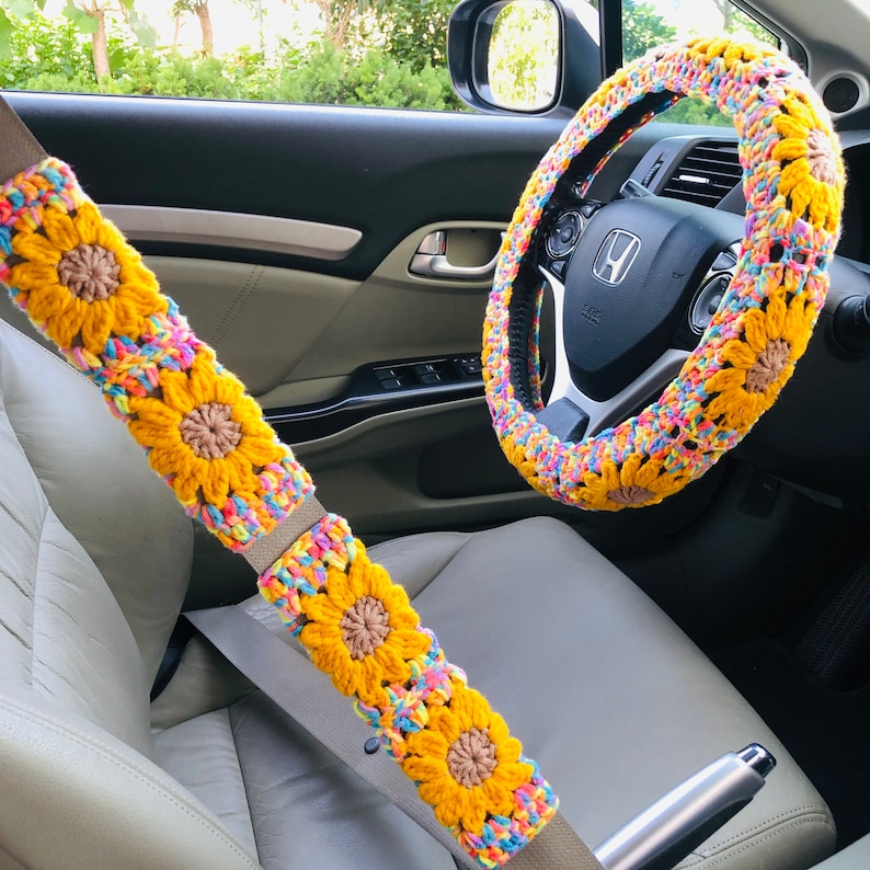 Steering Wheel Cover for women, Crochet Mixed color sunflower seat belt Cover, Car Accessories decorations