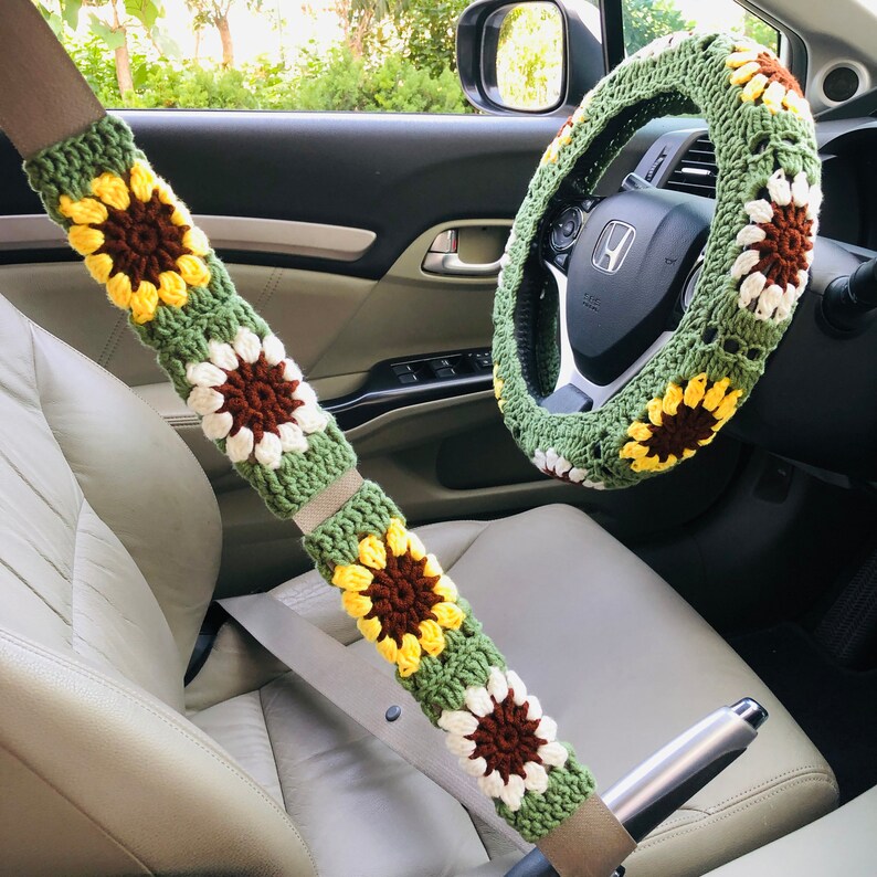 Steering Wheel Cover for women, Crochet light green sunflower seat belt Cover, Car Accessories decorations