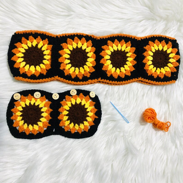 Steering Wheel Cover for women, Crochet Black Brown Flower seat belt Cover, Car Accessories decorations