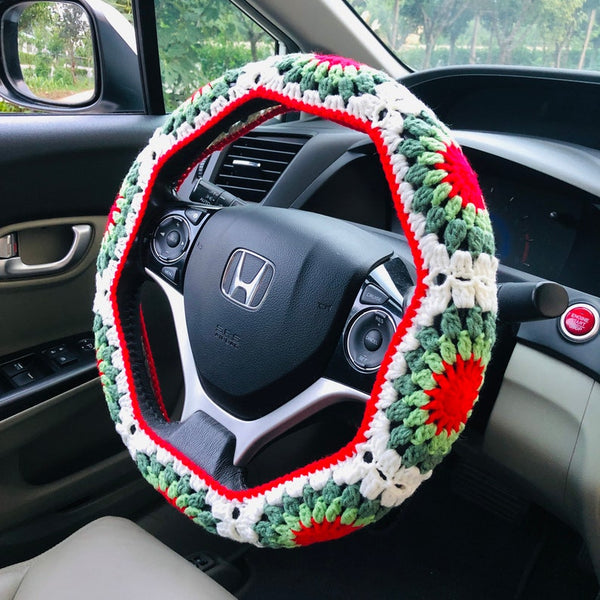 Steering Wheel Cover for women, Crochet Green Red white Flower seat belt Cover, Car Accessories decorations