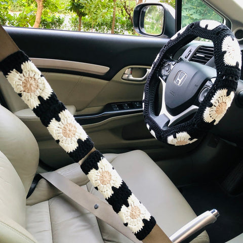 Steering Wheel Cover for women, Crochet Butterfly Black Flower seat belt Cover, Car Accessories decorations