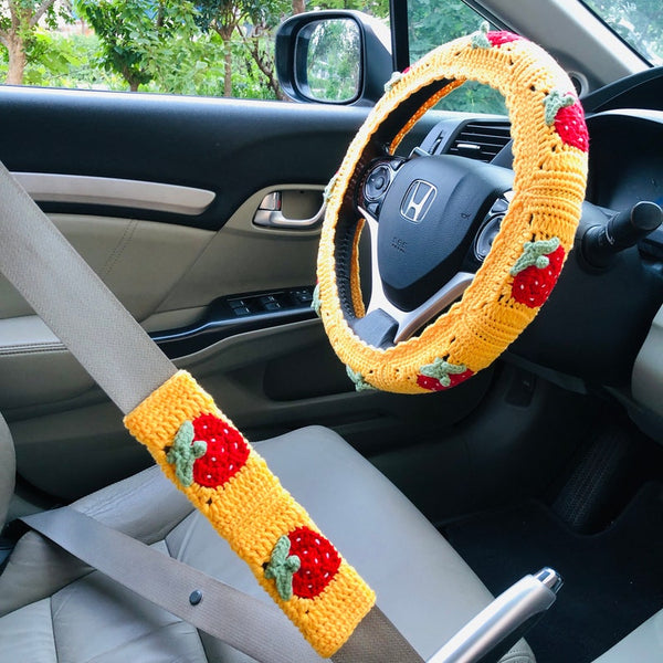 Steering Wheel Cover for women, Crochet cute Yellow Strawberry flower seat belt Cover, Car Accessories decorations