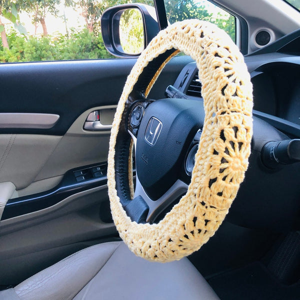 Steering Wheel Cover for women, Crochet Light Yellow flower seat belt Cover, Car Accessories decorations