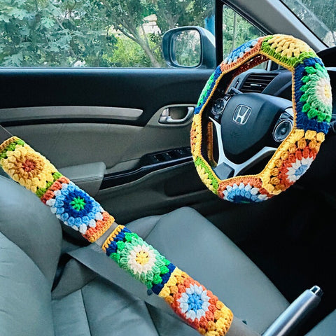 Steering Wheel Cover for women, Crochet Colorful yellow blue flower seat belt Cover, Car Accessories decorations
