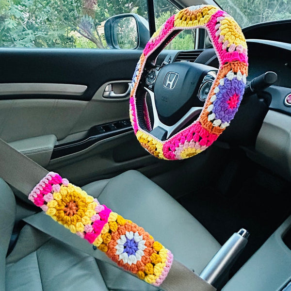 Steering Wheel Cover for women, Crochet cute pink purple colorful flower seat belt Cover, Car Accessories decorations