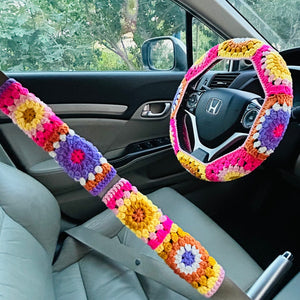 Steering Wheel Cover for women, Crochet cute pink purple colorful flower seat belt Cover, Car Accessories decorations