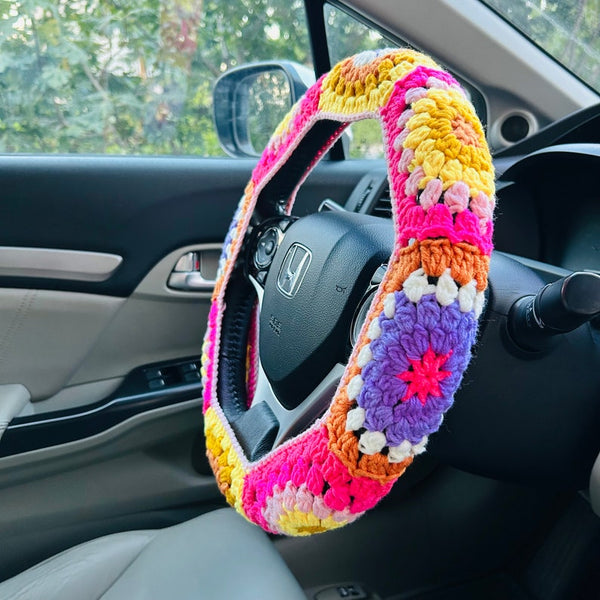 Steering Wheel Cover for women, Crochet cute pink purple colorful flower seat belt Cover, Car Accessories decorations