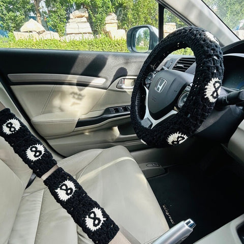 Steering Wheel Cover for women, Crochet Black 8 flower seat belt Cover, Car Accessories decorations