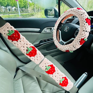 Steering Wheel Cover for women, Crochet cute pink Strawberry flower seat belt Cover, Car Accessories decorations
