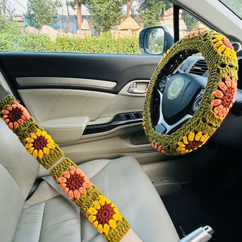 Steering Wheel Cover for women, Crochet Olive green flower seat belt Cover, Car Accessories decorations