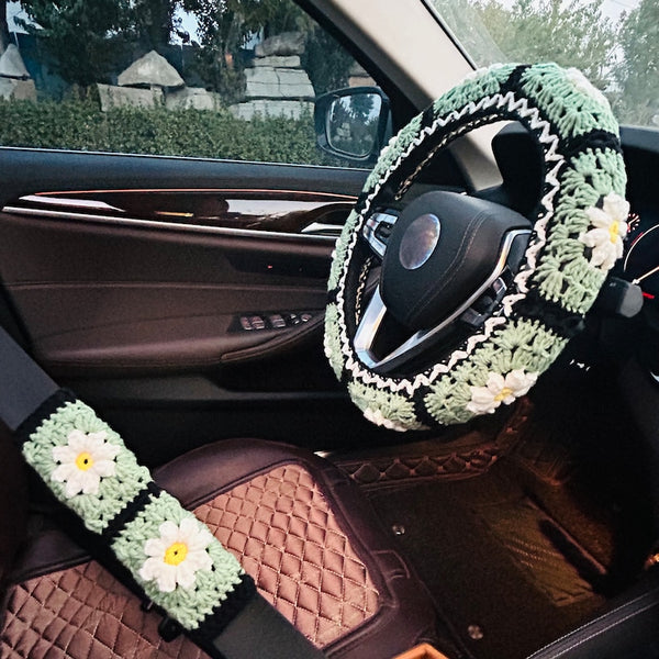 Handmade crochet Steering Wheel Cover for women, green puff flower seat belt Cover, Car interior Accessories decorations