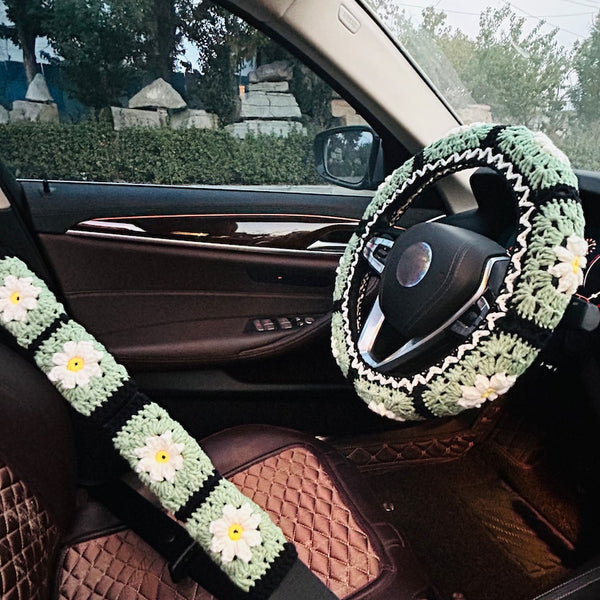 Handmade crochet Steering Wheel Cover for women, green puff flower seat belt Cover, Car interior Accessories decorations