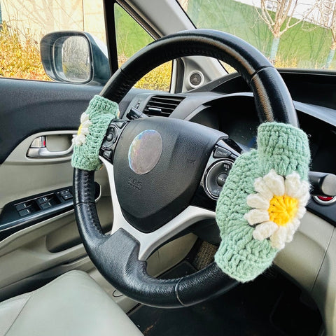 Steering Wheel Cover Crochet green puff flower, Car Accessories decorations for women