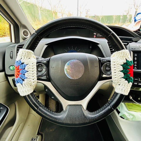 Steering Wheel Cover Crochet green blue flower, Handmade unique Car Accessories interior decorations for women