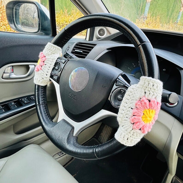 Steering Wheel Cover Crochet puff flower, Handmade unique Car Accessories interior decorations for women Gift