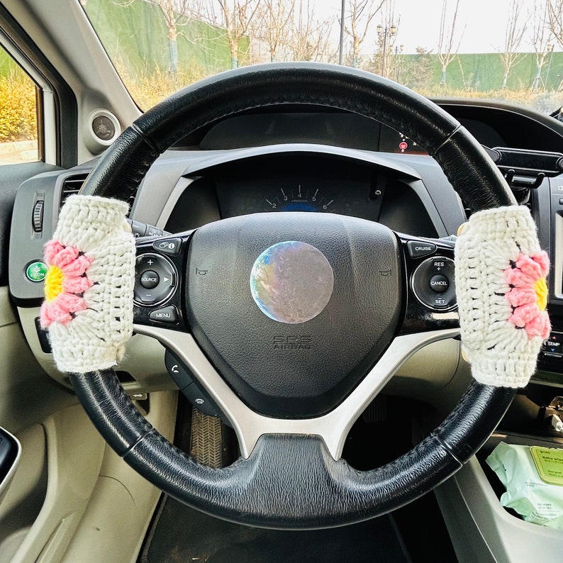 Steering Wheel Cover Crochet puff flower, Handmade unique Car Accessories interior decorations for women Gift