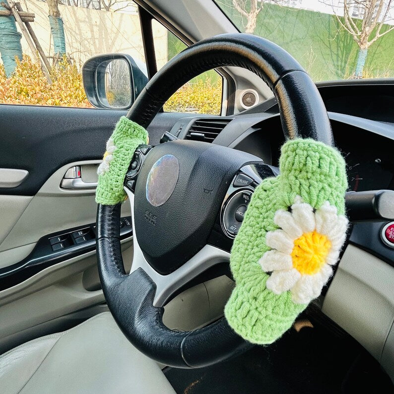 Steering Wheel Cover Crochet puff sunflower, Handmade unique Car Accessories interior decorations for women Gift