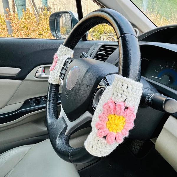 Steering Wheel Cover Crochet puff flower, Handmade unique Car Accessories interior decorations for women Gift