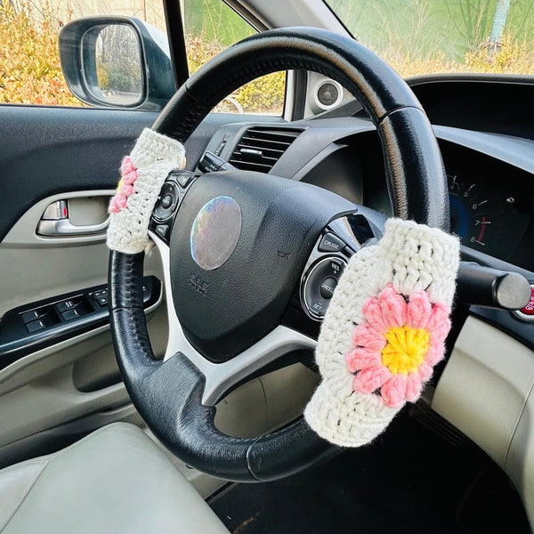 Steering Wheel Cover Crochet puff flower, Handmade unique Car Accessories interior decorations for women Gift