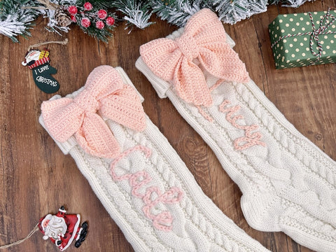 Pink Bow Personalized Christmas Stocking,Hand-Embroidered Holiday Stocking,Stocking Stuffer with Custom Name,Family Stocking Stuffer Gift