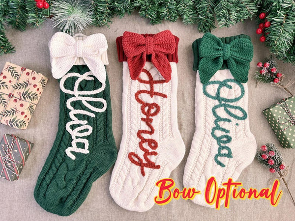 Pink Bow Personalized Christmas Stocking,Hand-Embroidered Holiday Stocking,Stocking Stuffer with Custom Name,Family Stocking Stuffer Gift
