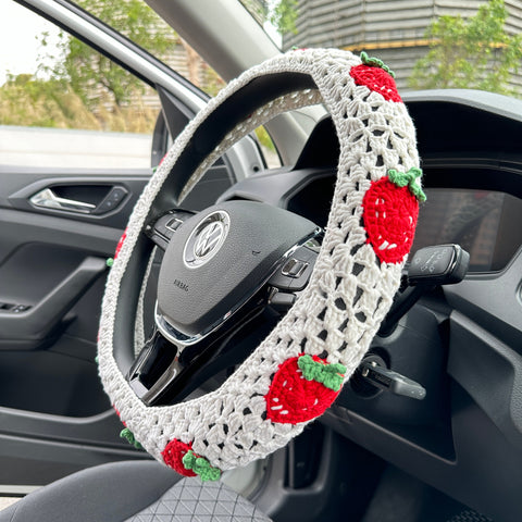 White Strawberry Crochet car steering wheel cover, Steering wheel cover,Strawberry seat belt Cover,Cute Steering Wheel Cover,Car Accessories