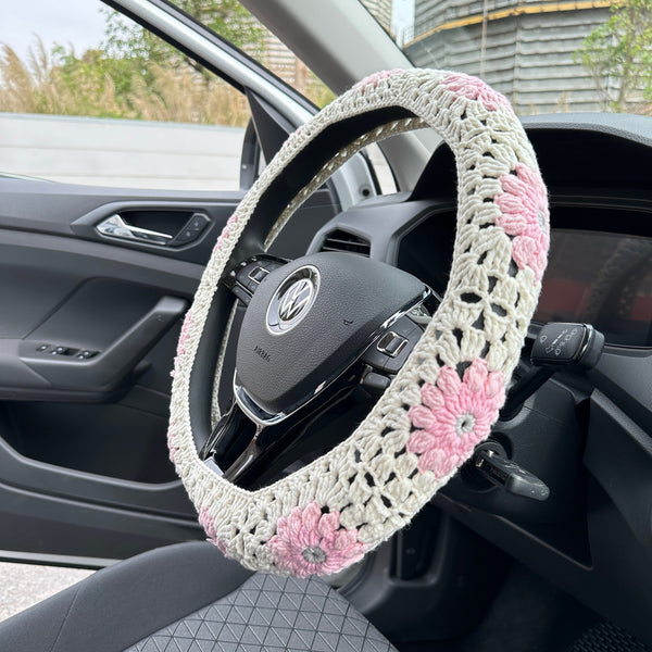 Pink Crochet Flower car steering wheel cover, Steering wheel cover,Pink seat belt Cover,Cute Steering Wheel Cover,Woman Car Accessories
