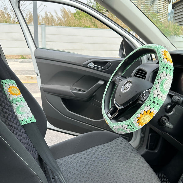 Crochet Light green sun moon car steering wheel cover,Sun and moon design,Steering wheel cover,Seat belt Cover,Car Accessories