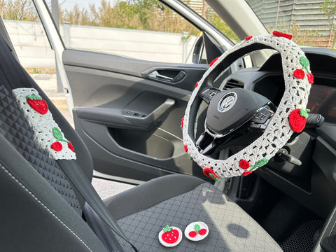 White strawberry and cherry crochet car steering wheel cover,Strawberries and Cherries design,Steering wheel cover,Car Accessories,Gifts