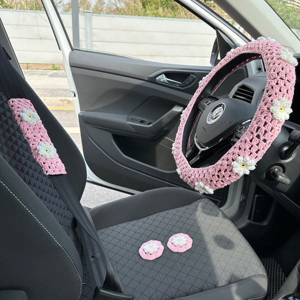 Pink Flower car steering wheel cover,Flower design,Steering wheel cover,Seat belt Cover,Woman Car Accessories,New car gifts