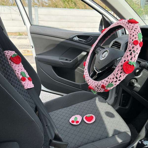 Pink strawberries and cherriescar steering wheel cover,Pink strawberries and cherries design,Steering wheel cover,Woman Car Accessories