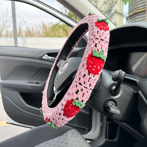 Strawberry Crochet Car Steering Wheel Cover,Strawberries design,Steering wheel cover,Woman Car Accessories,New Car Gifts