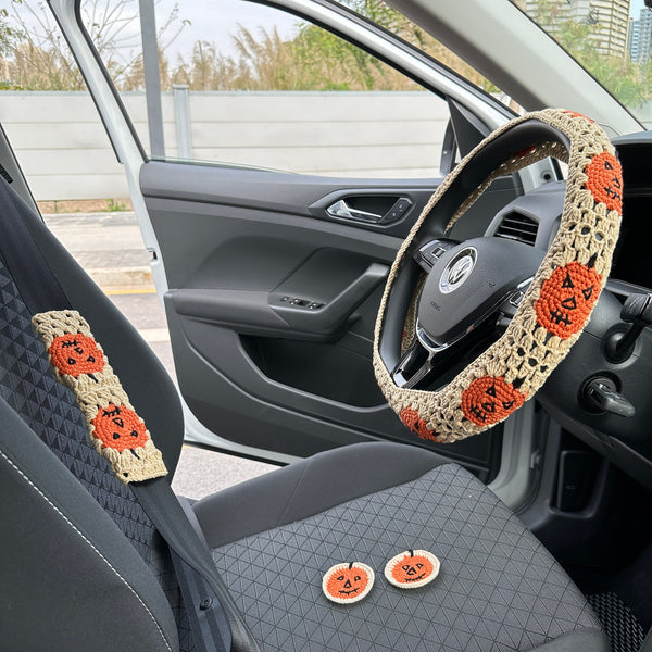 Halloween Pumpkin Car Steering Wheel Cover, Crochet Pumpkin Seat belt cover,Car accessories decoration,New Car Gifts,Gift for her