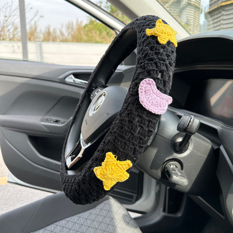 Star and moon car steering wheel cover, Unisex car decoration,Handmade crochet steering wheel cover, New car gift, Car interior Accessories