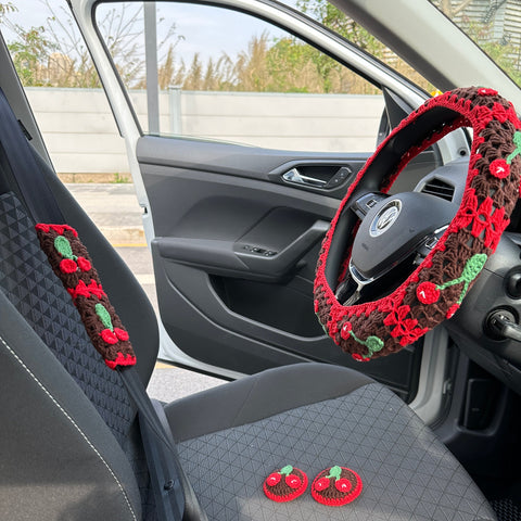 Cherry car steering wheel cover, Hand crochet steering wheel cover, Car interior Accessories decorations,New car gift