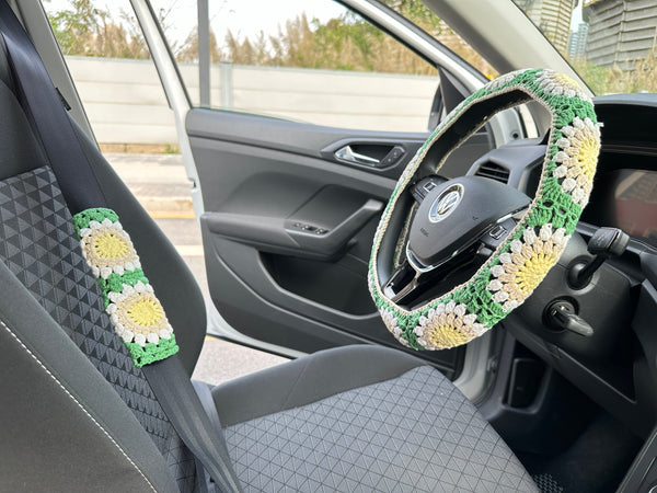 Sunflower Car Steering Wheel Cover,Crochet Steering Wheel Cover,Flower seat belt Cover,Cute Steering Wheel Cover,Car Accessories