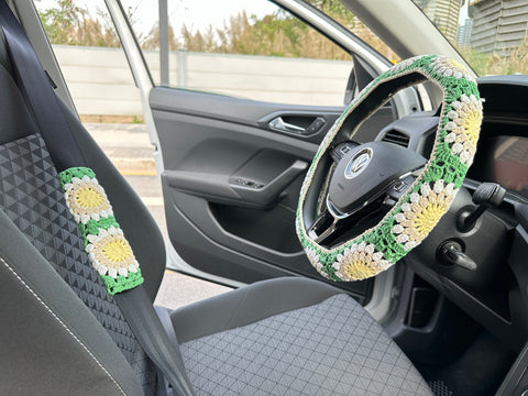 Sunflower Car Steering Wheel Cover,Crochet Steering Wheel Cover,Flower seat belt Cover,Cute Steering Wheel Cover,Car Accessories