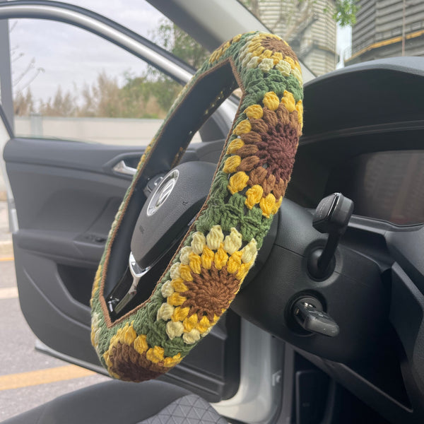 Handmade Sunflower Steering Wheel Cover,Crochet Steering Wheel Cover,Flower seat belt Cover,Cute Wheel Cover,Car Accessories,Mother's Day