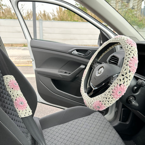 Pink Crochet Flower car steering wheel cover, Steering wheel cover,Pink seat belt Cover,Cute Steering Wheel Cover,Woman Car Accessories