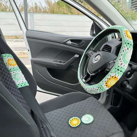 Crochet Light green sun moon car steering wheel cover,Sun and moon design,Steering wheel cover,Seat belt Cover,Car Accessories
