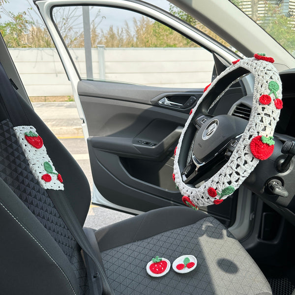 White strawberry and cherry crochet car steering wheel cover,Strawberries and Cherries design,Steering wheel cover,Car Accessories,Gifts