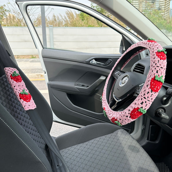 Strawberry Crochet Car Steering Wheel Cover,Strawberries design,Steering wheel cover,Woman Car Accessories,New Car Gifts