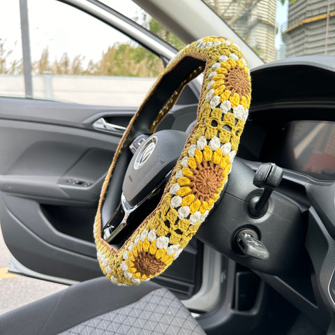 Sunflower Crochet car steering wheel cover,Sunflower design,Steering wheel cover,Seat belt Cover,Car Accessories,Car decoration