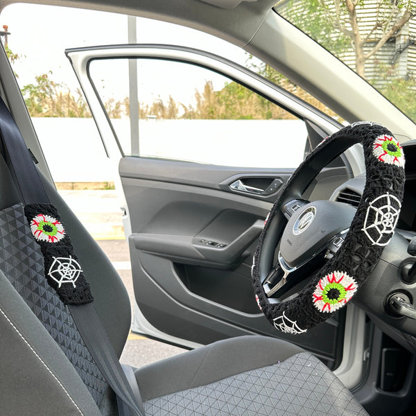 Third Eye Granny and Spider Web Steering Wheel Cover, Spider Web seat belt Cover, Car interior Accessories decorations,Halloween Gifts