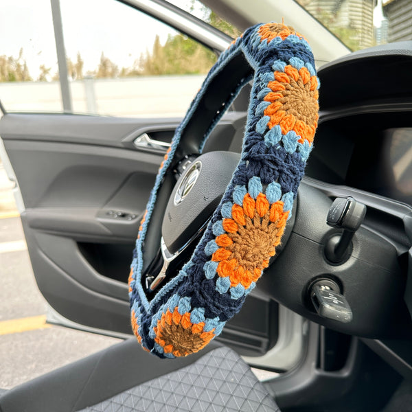 Handmade crochet blue car steering wheel cover, car decoration,unisex, floral car steering wheel cover, seat belt cover, gift for her